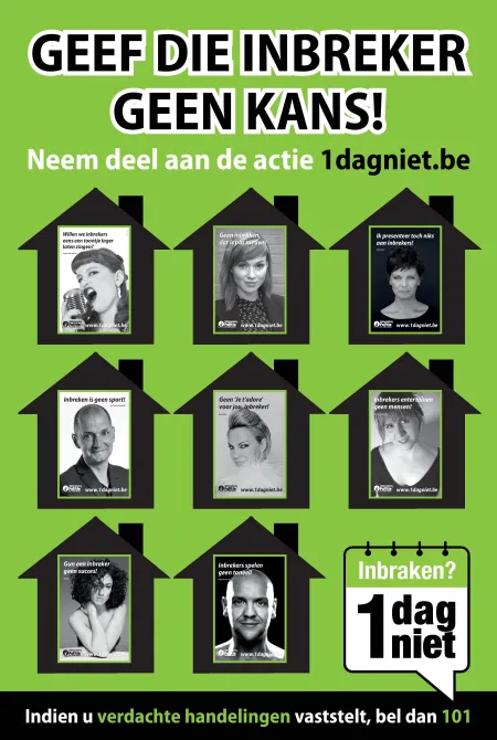 Op deze affiche staan afbeeldingen van Bekende Vlamingen die meewerken aan het initiatief van 1 dag niet 