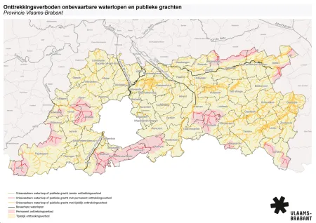 Kaart van de provincie Vlaams-Brabant met legende omtrent onttrekkingsverbod door aanhoudende droogte