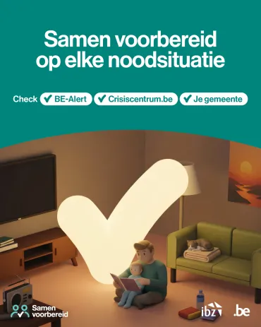 affiche campagne Nationaal Crisis Centrum - vader zit op de grond met zijn kind een boek te lezen