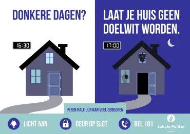 affiche donkere dagen - 2 huizen, 1 waar is ingebroken en 1 waar er niet is ingebroken