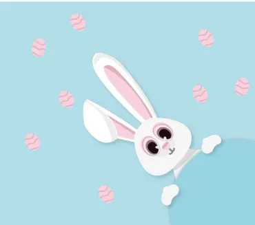 Witte paashaas met roze eitjes op blauwe achtergrond