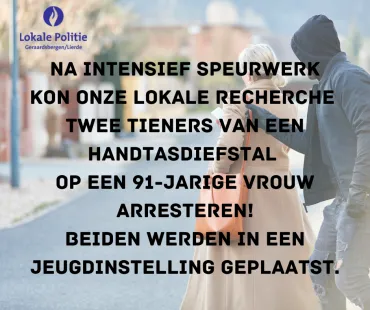 Lokale Recherche politie Geraardsbergen/Lierde kan 2 tieners van handtasdiefstal op 91-jarige vrouw arresteren! 