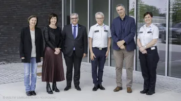 V.l.n.r.: directeur Justitiehuis Hasselt Katleen Vermaelen, substituut Procureur des Konings Miet Knuts, voorzitter politiecollege Steven Vandeput, korpschef Philip Pirard, Procureur des Konings Guido Vermeiren, commissaris van politie Claudine Ceulemants