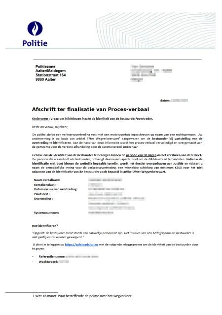 Document ter identificatie bestuurder/overtreder 