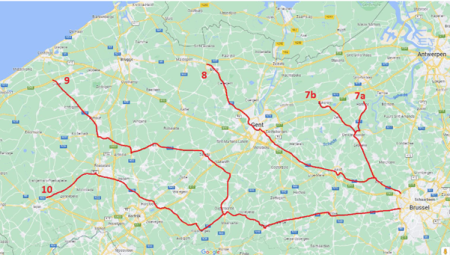 Kaart met de reiswegen vanuit West- en Oost-Vlaanderen voor de betoging op 3 maart
